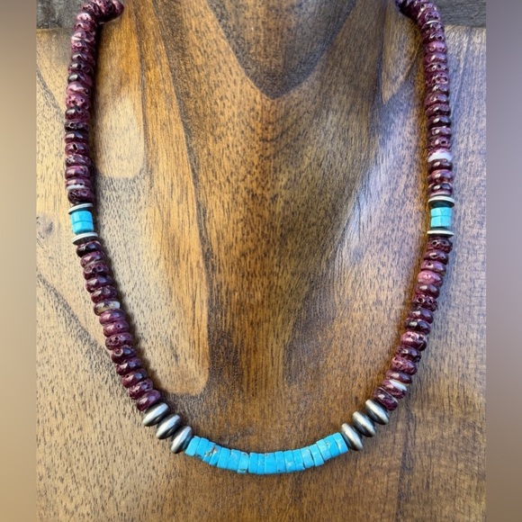Sterling Silver Purple Spiny Oyster Heishi Turquoise Pearls Bead Necklace 18”